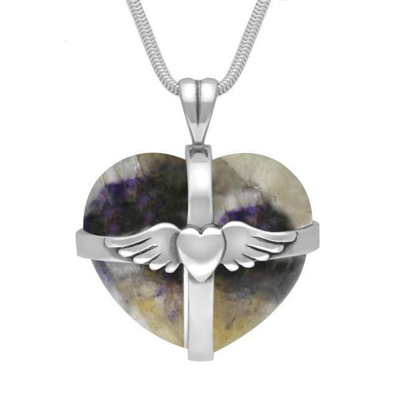 Sterling Silver Blue John Large Winged Cross Heart Necklace