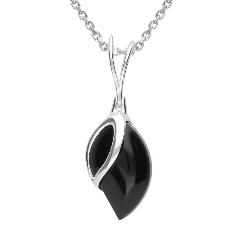 Sterling Silver Whitby Jet Leaf Shape Open Top Necklace