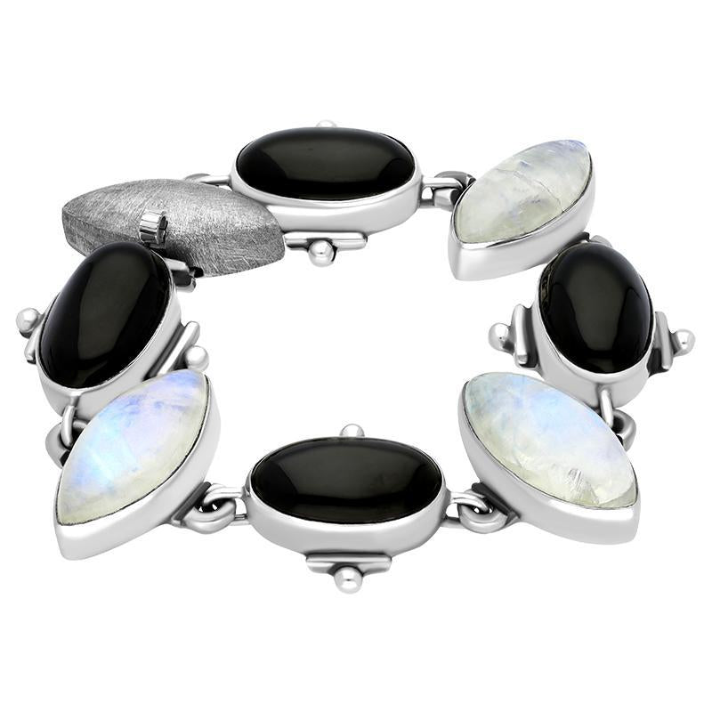 Sterling Silver Whitby Jet Moonstone Oval Marquise Unique Bracelet