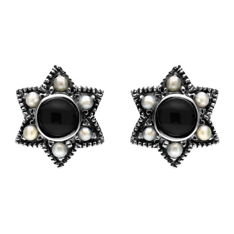 Sterling Silver Whitby Jet and Pearl Six Point Star Stud Earrings D