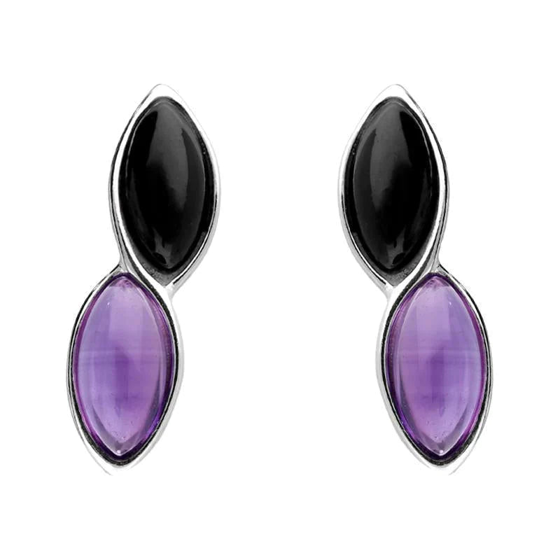 Sterling Silver Whitby Jet Amethyst Marquise Stud Earrings