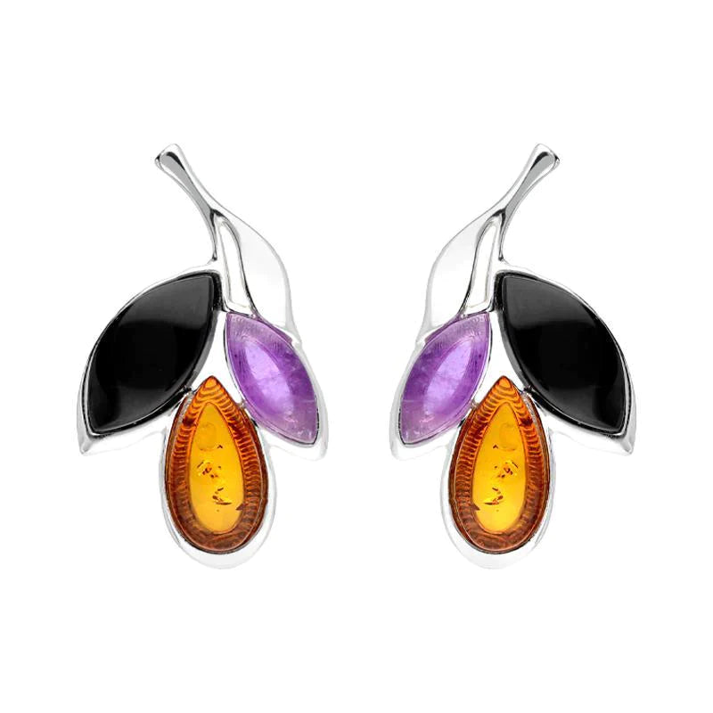 Sterling Silver Whitby Jet Amethyst Amber Three Leaf Stud Earrings