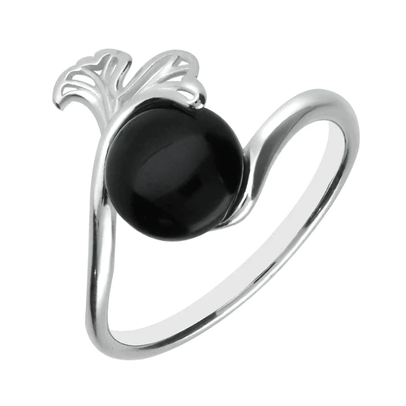 Sterling Silver Whitby Jet Ginkgo Biloba Leaf Ring