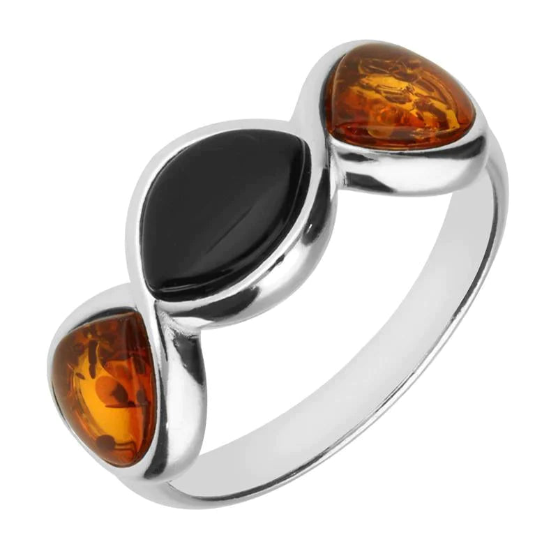 Sterling Silver Whitby Jet Amber Three Stone Pear Marquise Ring