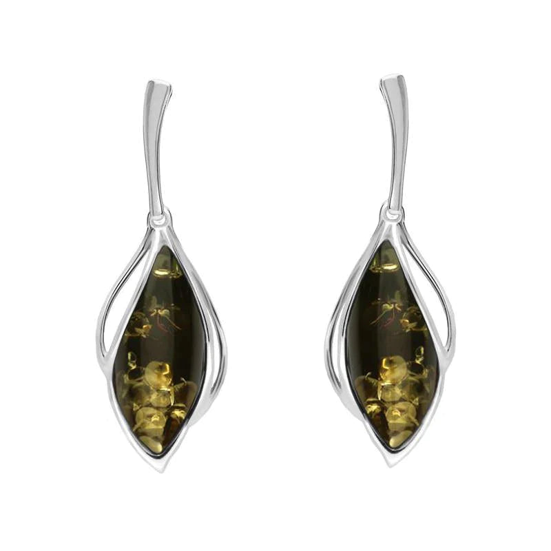 Sterling Silver Green Amber Open Marquise Drop Earrings