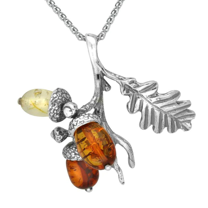 Sterling Silver Amber Triple Acorn and Leaf Necklace
