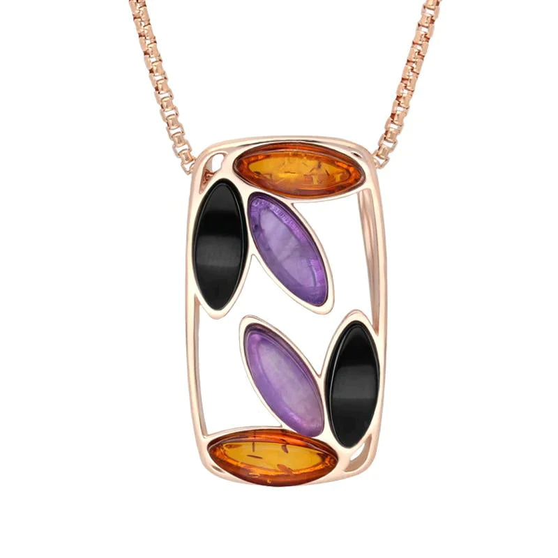 Rose Gold Plated Sterling Silver Whitby Jet Amber Amethyst Six Stone Necklace