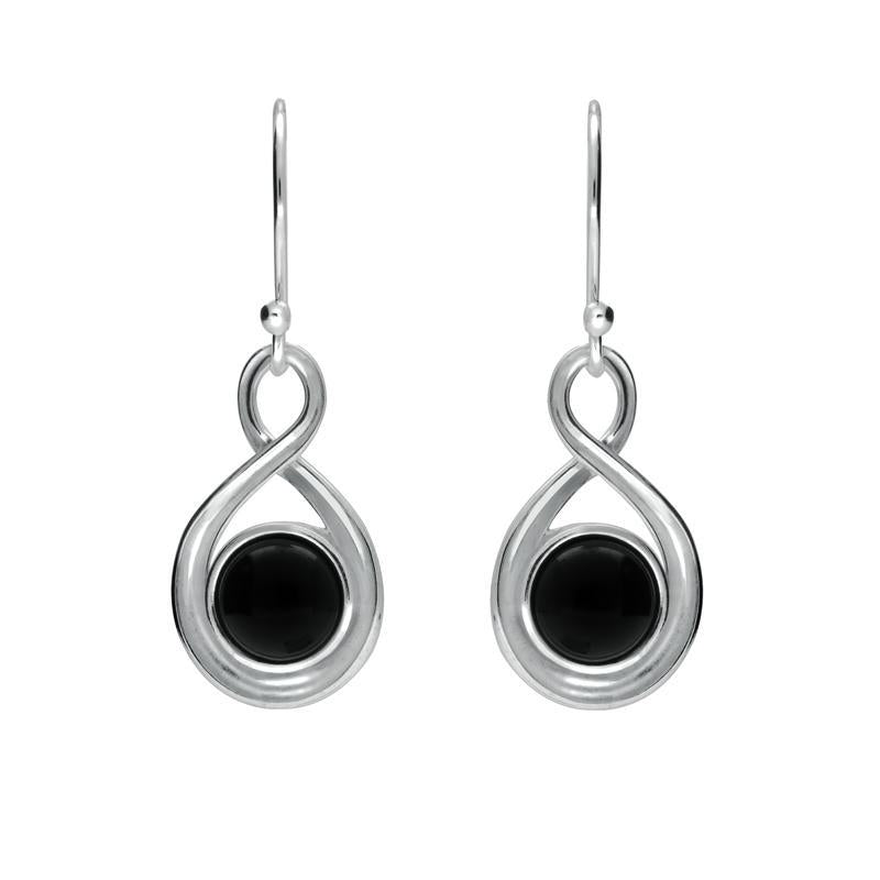 Sterling Silver Whitby Jet Round Ridged Edge Loop Drop Earrings