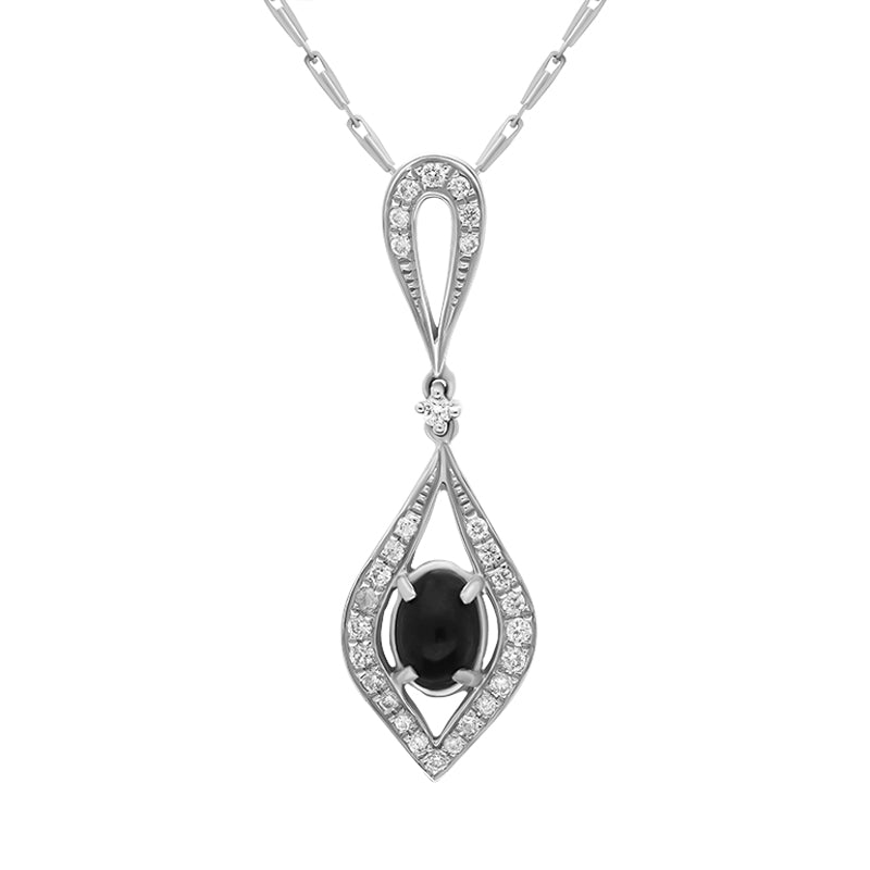 18ct White Gold Diamond 0.19ct Whitby Jet Open Curved Marquise Pendant Necklace