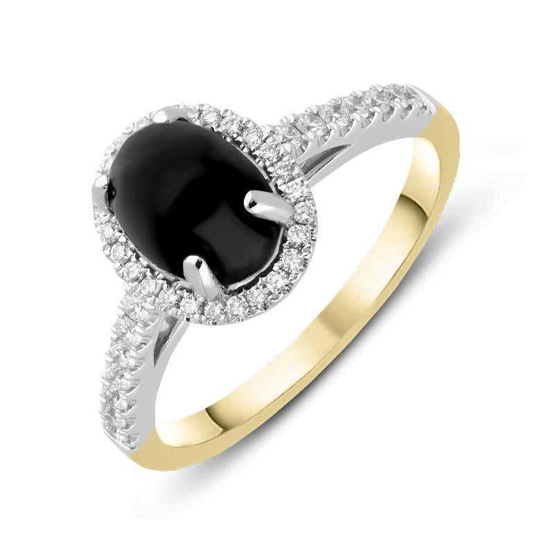 18ct Yellow Gold Whitby Jet Diamond Halo Pave Shoulder Ring