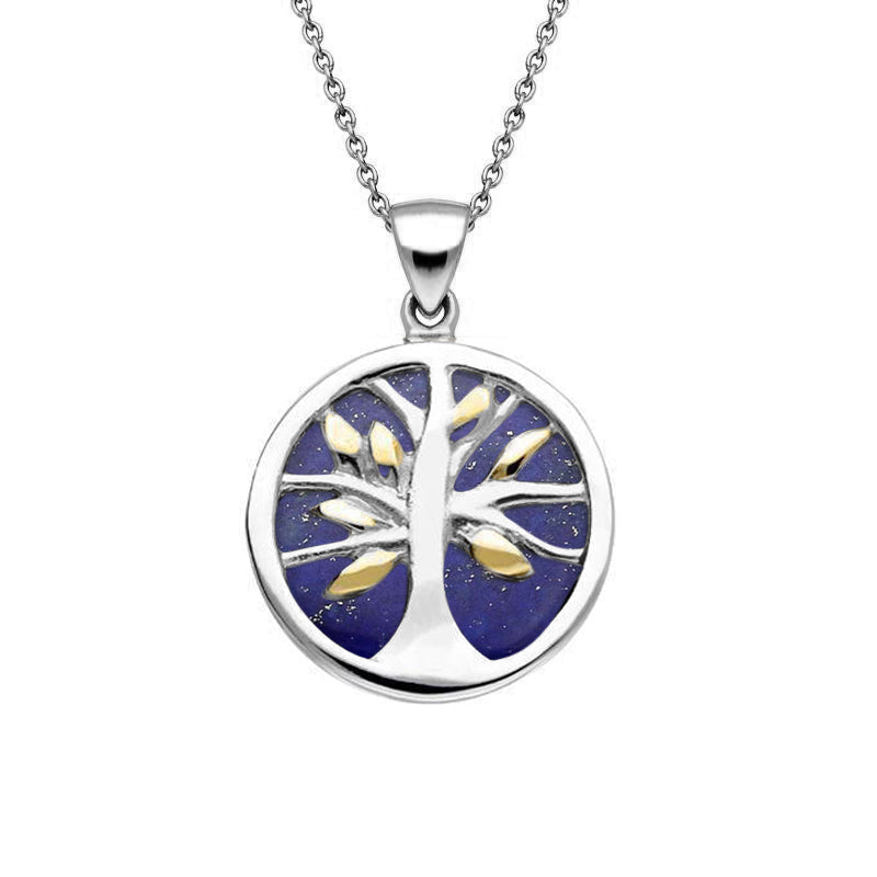 Yellow Gold Plated Sterling Silver Lapis Lazuli Small Round Tree of Life Necklace