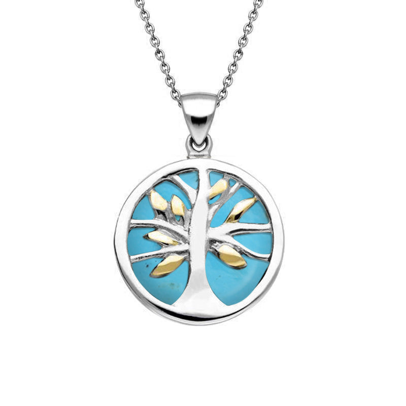 Yellow Gold Plated Sterling Silver Turquoise Small Round Tree of Life Necklace