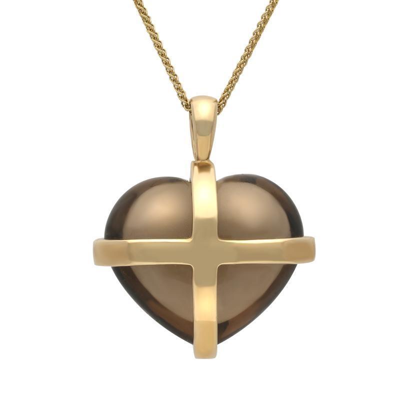 9ct Yellow Gold Smokey Quartz Cross Heart Necklace