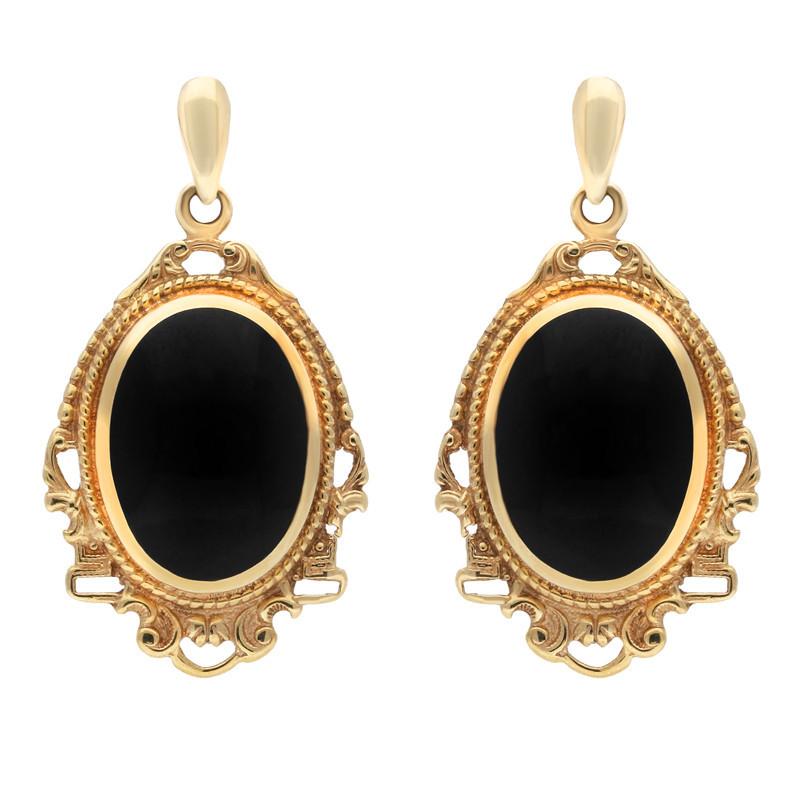 9ct Yellow Gold Whitby Jet Edwardian Style Oval Drop Earrings