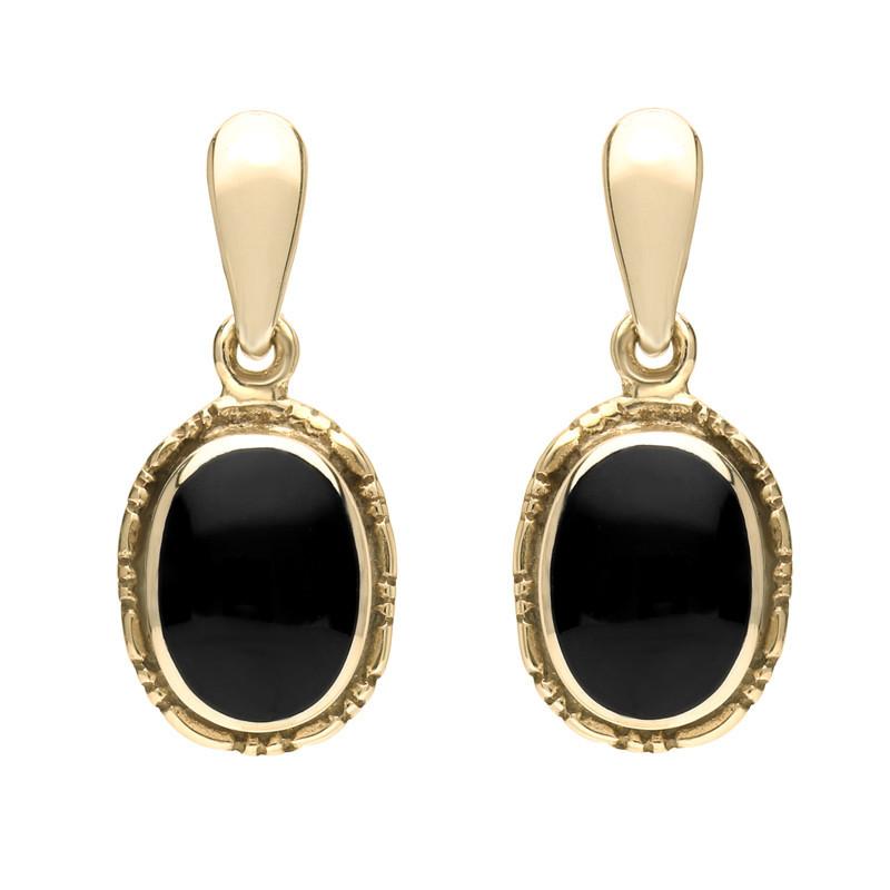 9ct Yellow Gold Whitby Jet Oval Rope Edge Drop Earrings