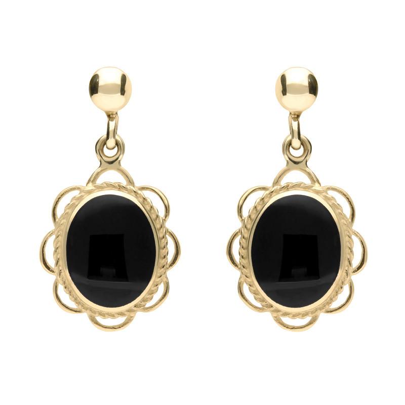 9ct Yellow Gold Whitby Jet Large Oval Rope Frill Drop Earrings