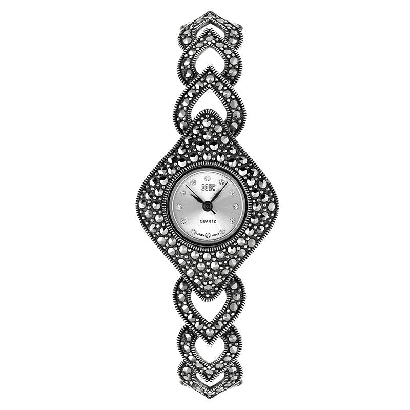 Sterling Silver Marcasite Hearts and Diamond Bracelet Watch