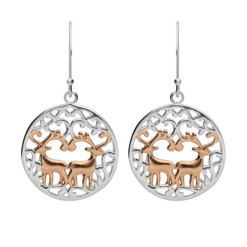 Rose Gold Plated Sterling Silver Round Pierced Reindeer Earrings