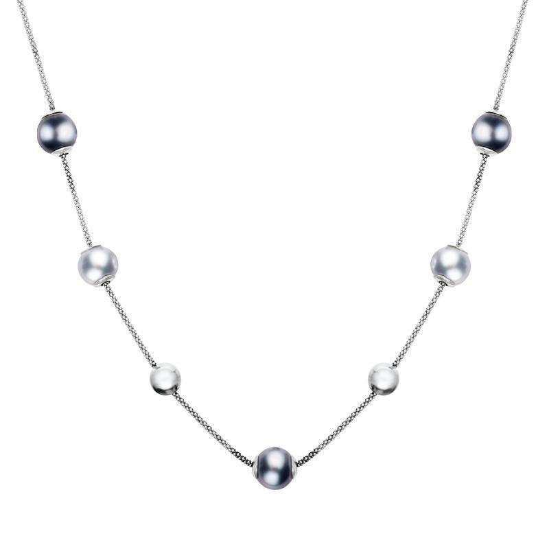 Sterling Silver Black Grey Pearl Five Stone Bead Necklace