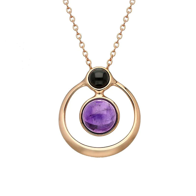 Rose Gold Plated Sterling Silver Whitby Jet Amethyst Two Stone Open Circle Necklace