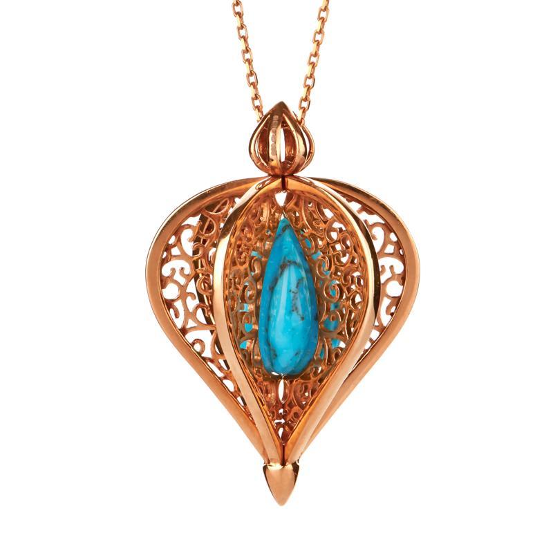 Rose Gold Plated Sterling Silver Turquoise Flore Filigree Droplet Necklace