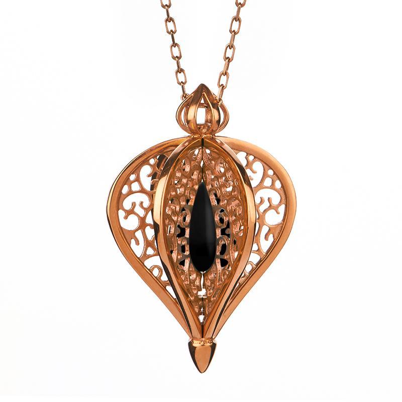 Rose Gold Plated Sterling Silver Whitby Jet Flore Filigree Small Necklace