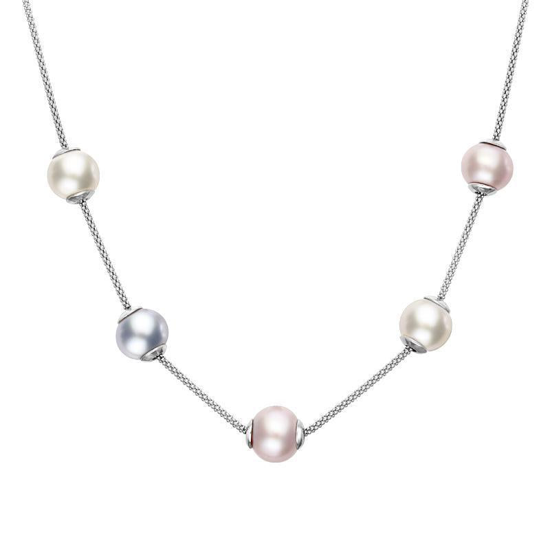 Sterling Silver Pink Grey White Pearl Five Stone Bead Necklace