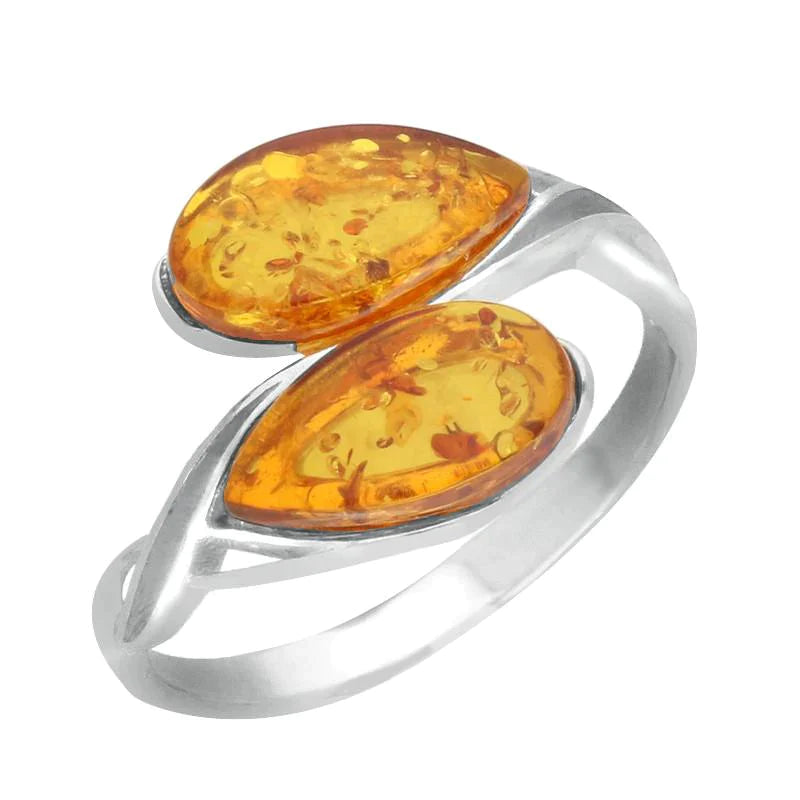 Silver Amber Double Pear Celtic Ring