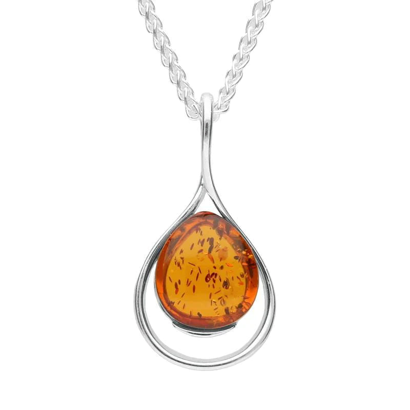 Sterling Silver Amber Open Twist Pear Drop Necklace