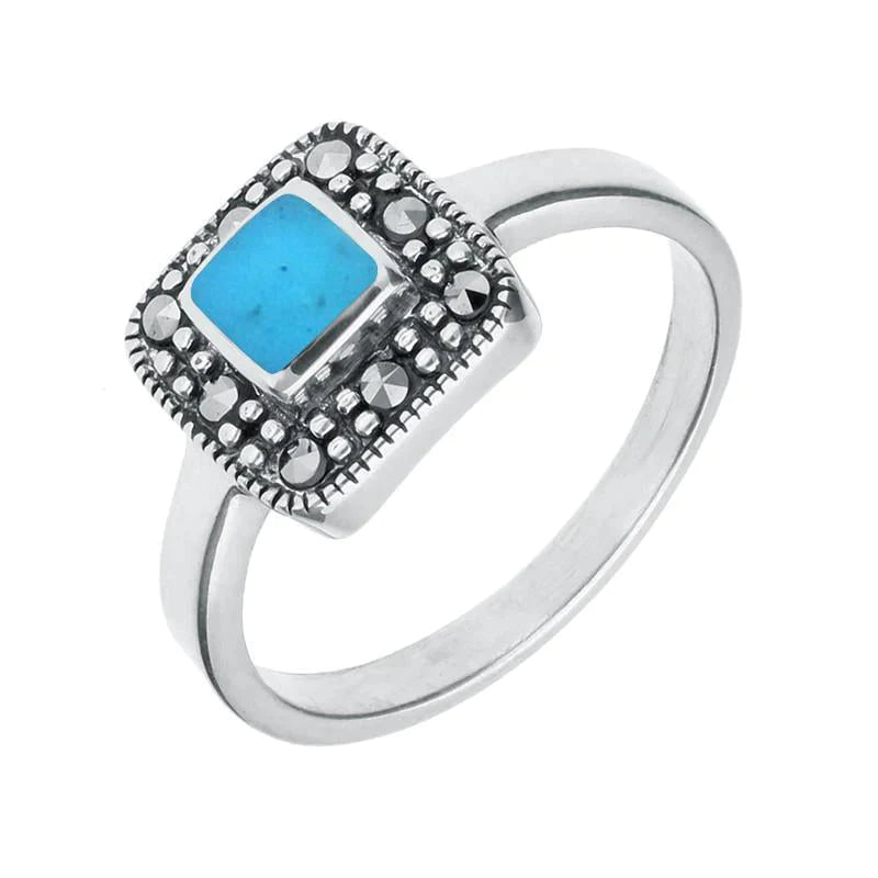 Sterling Silver Turquoise Marcasite Cushion Ring
