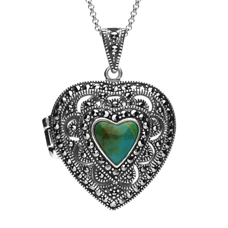 Sterling Silver Turquoise Marcasite Heart Shaped Vintage Style Locket Necklace