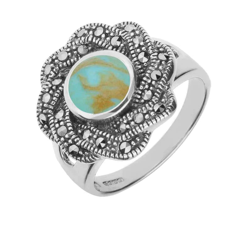Sterling Silver Turquoise Marcasite Ribbon Edge Ring