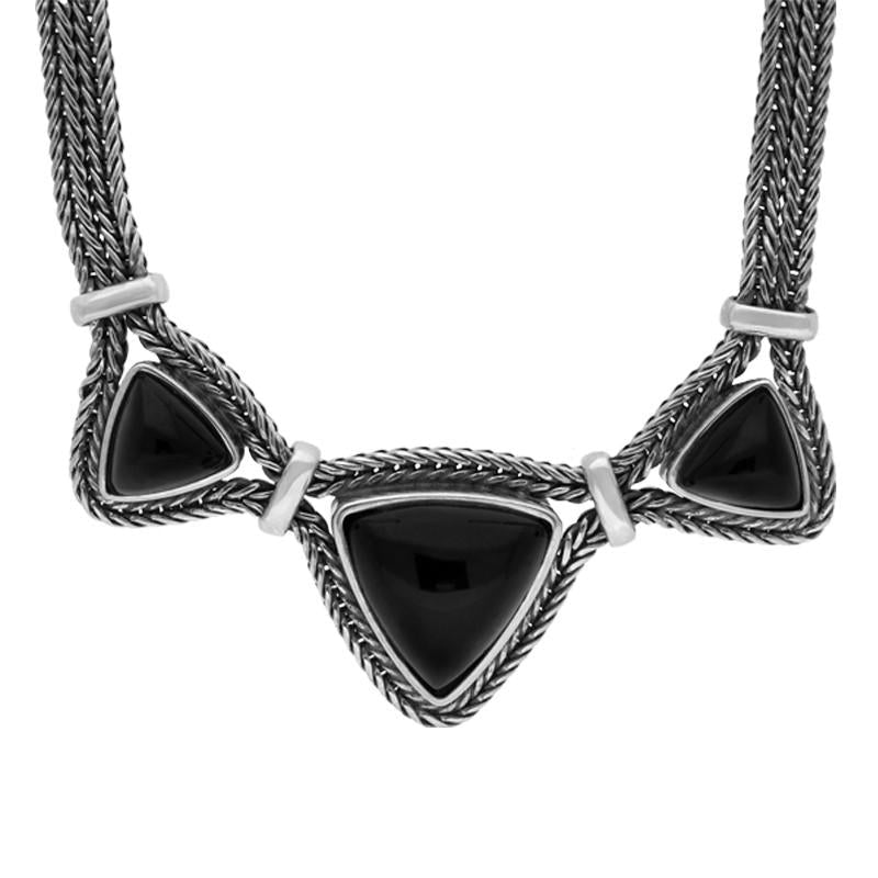 Sterling Silver Whitby Jet Three Stone Triangular Foxtail Necklace