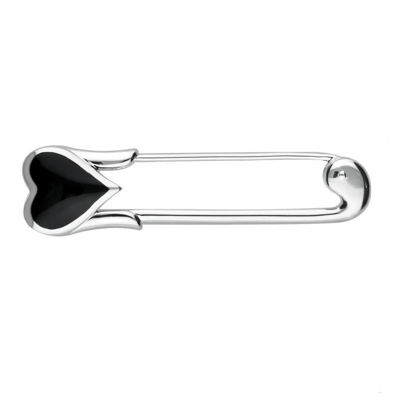 Sterling Silver Whitby Jet Eclipse Heart Safety Pin Brooch