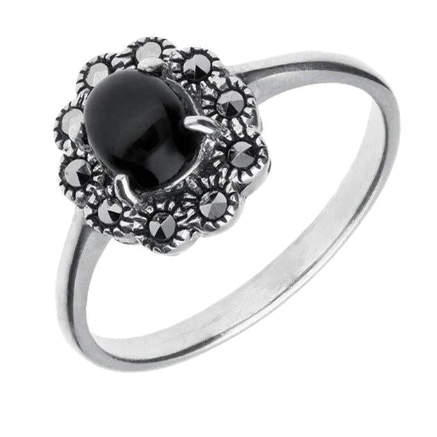 Sterling Silver Whitby Jet Marcasite Domed Oval Beaded Edge Ring
