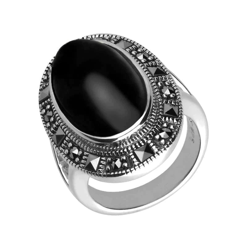 Sterling Silver Whitby Jet Marcasite Frame Large Oval Ring