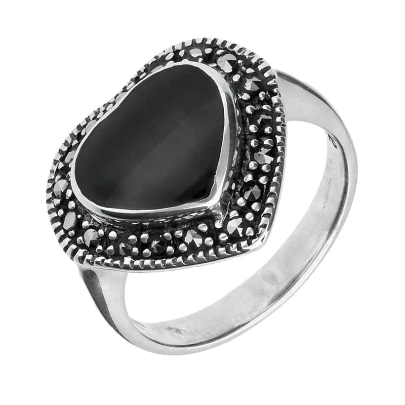 Sterling Silver Whitby Jet Marcasite Heart Shaped Ring