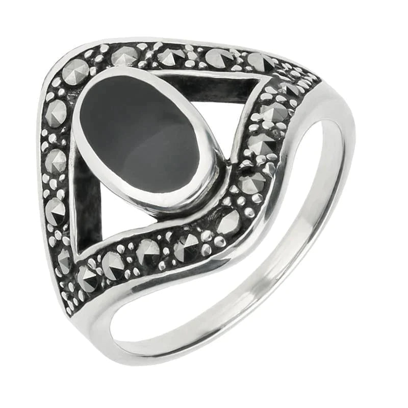 Sterling Silver Whitby Jet Marcasite Oval Split Edge Ring