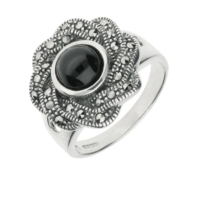 Sterling Silver Whitby Jet Marcasite Ribbon Edge Ring