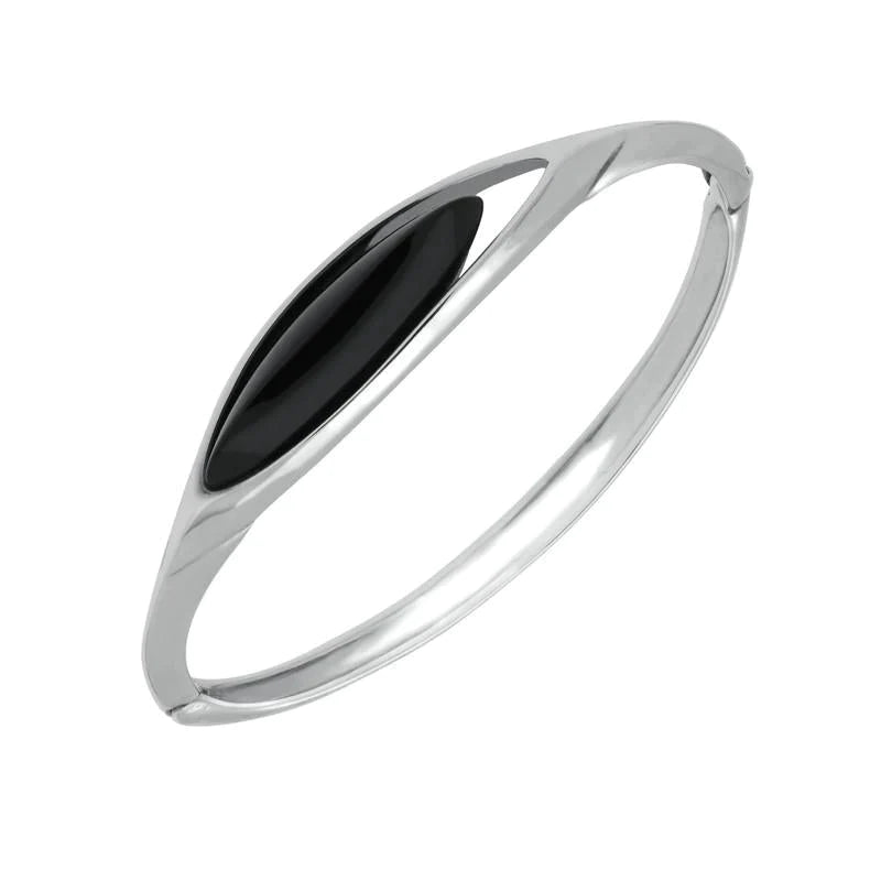 Sterling Silver Whitby Jet Marquise Offset Bangle