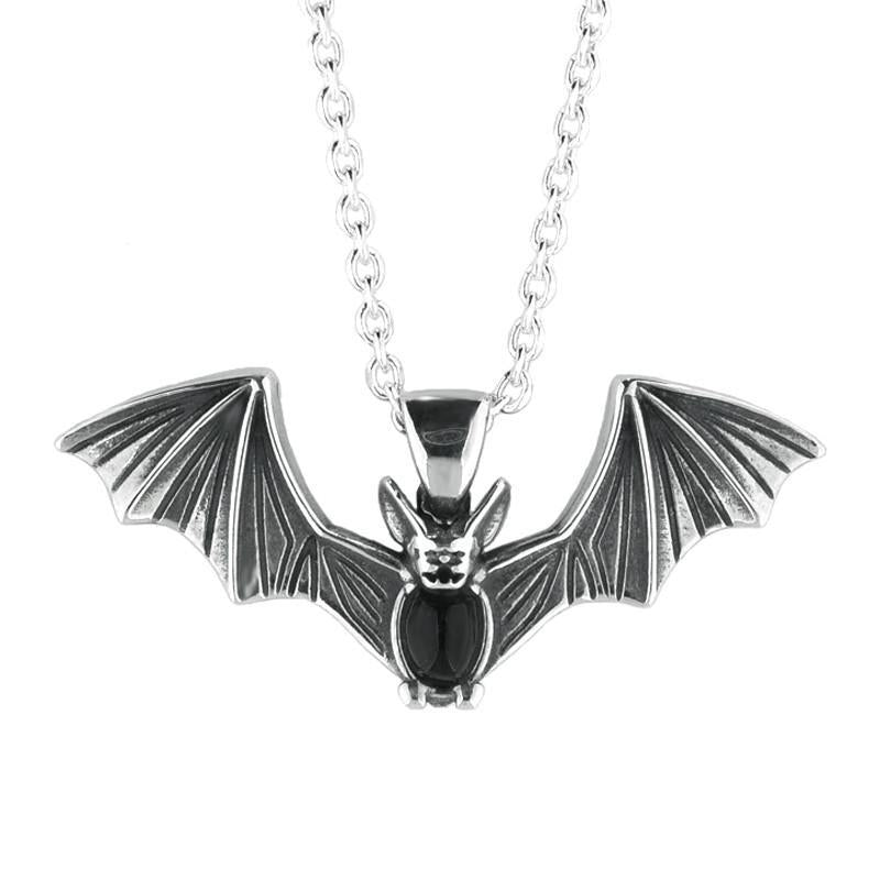 Sterling Silver Whitby Jet Gothic Oval Belly Bat Necklace
