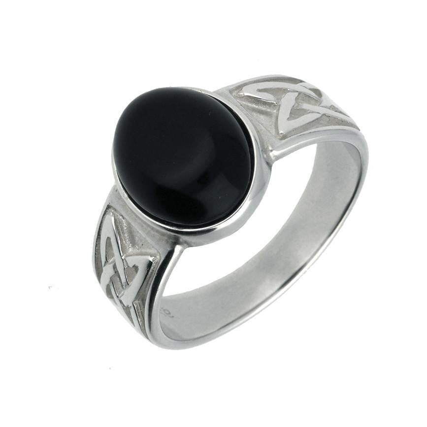 Sterling Silver Whitby Jet Oval Celtic Wide Band Ring