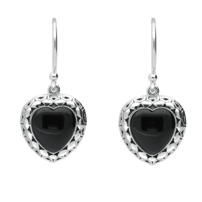 Sterling Silver Whitby Jet Oxidised Heart Drop Earrings