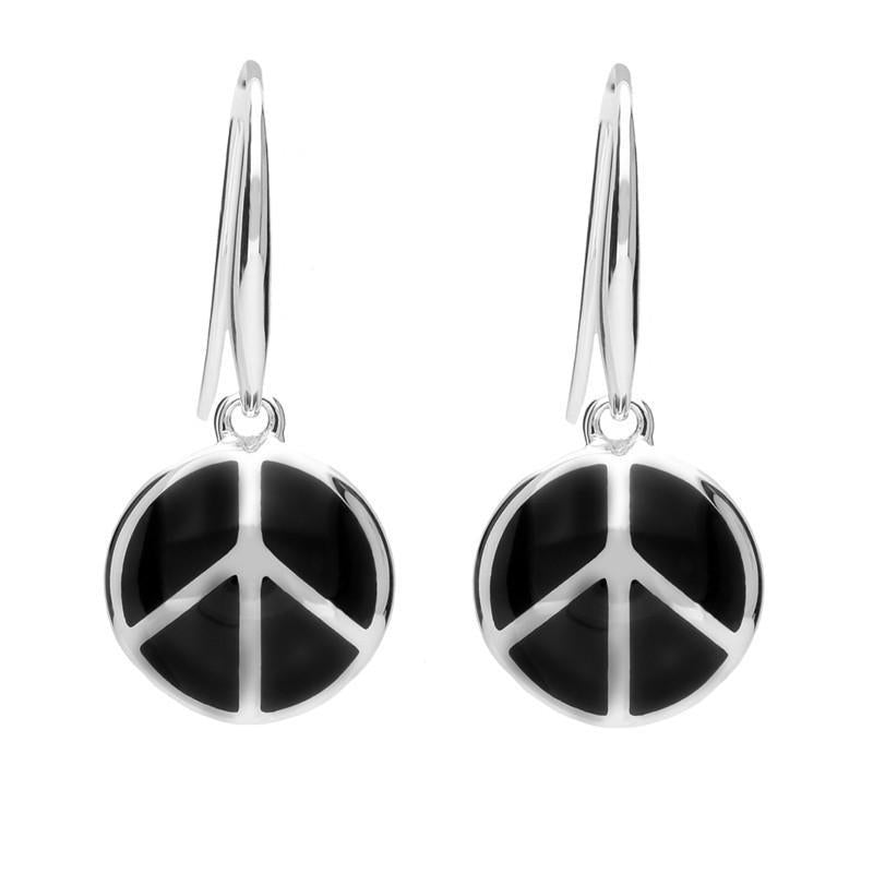 Sterling Silver Whitby Jet Eclipse Peace Symbol Hook Earrings