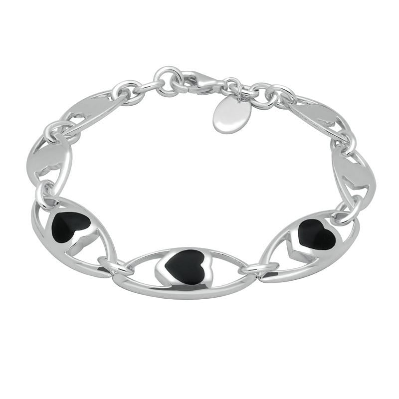 Sterling Silver Whitby Jet Seven Link Heart Bracelet