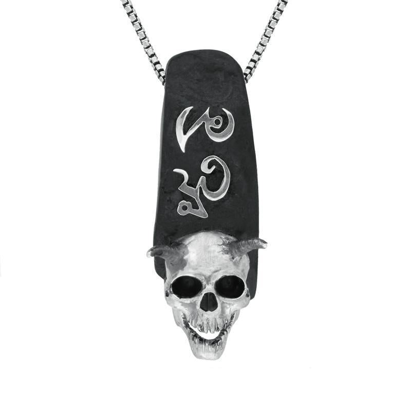 Silver Whitby Jet Skull With Horns Necklace