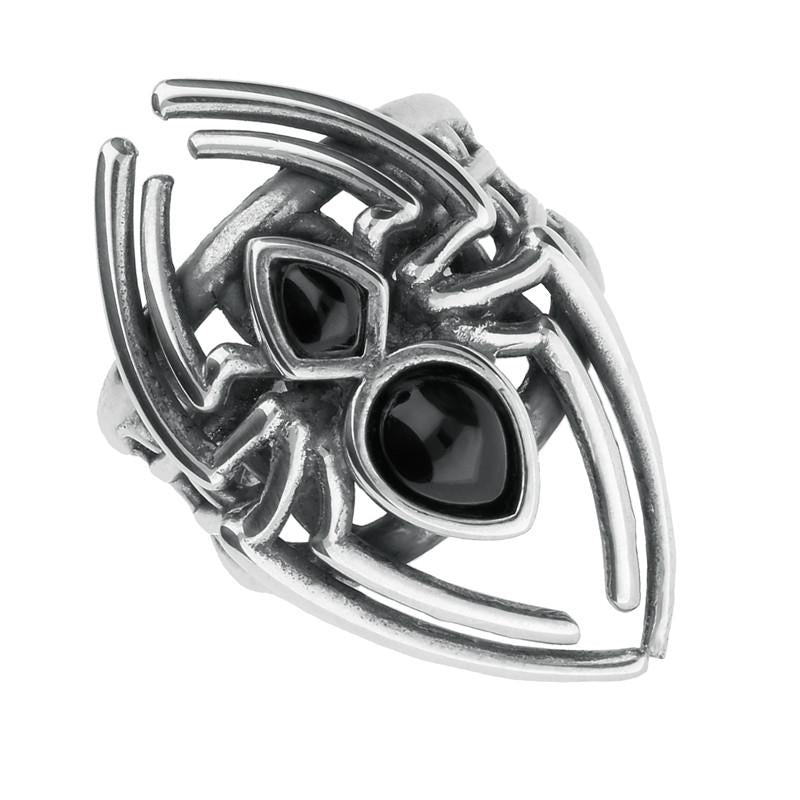 Sterling Silver Whitby Jet Small Spider Web Ring