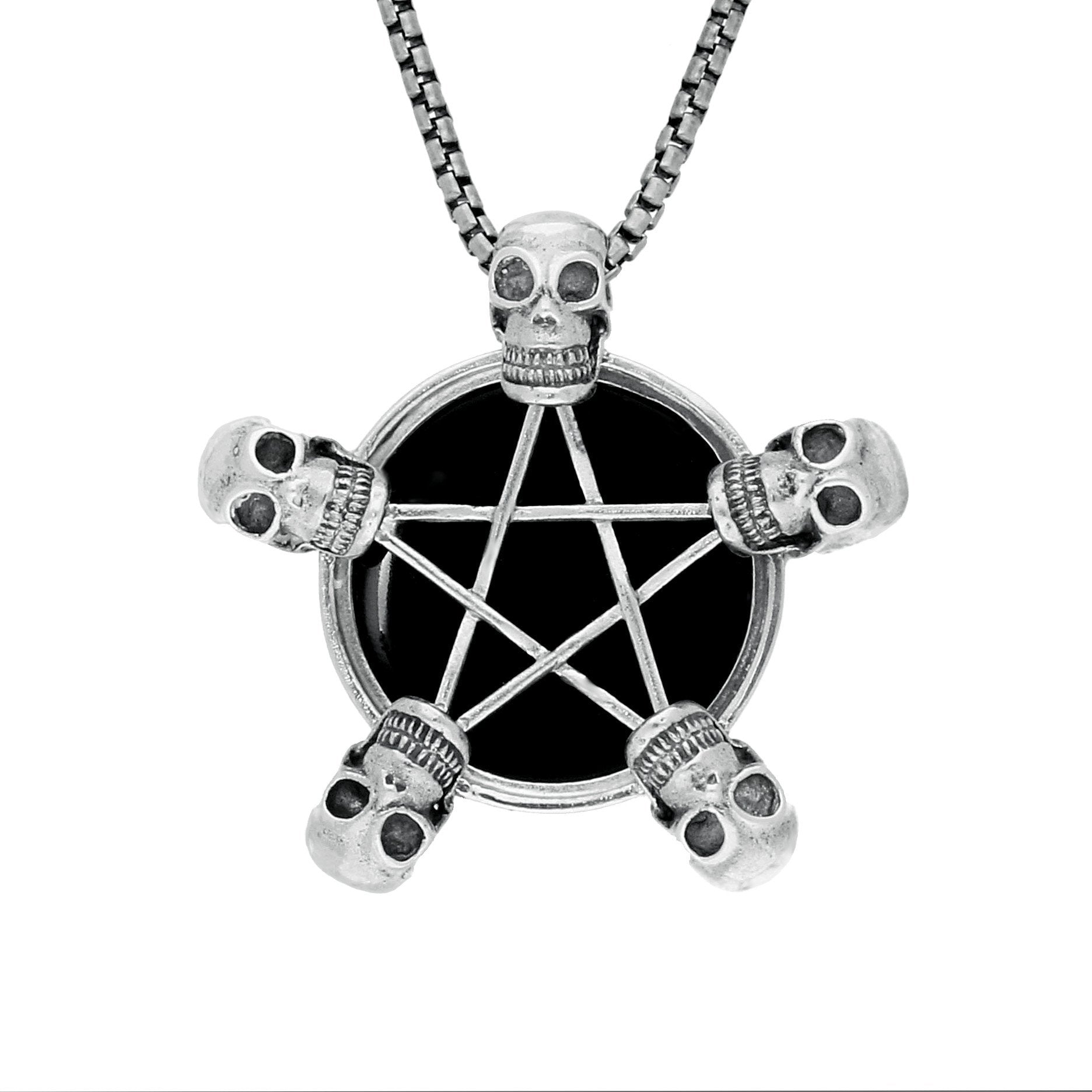 Sterling Silver Whitby Jet Unique Pentagram 5 Skulls Necklace