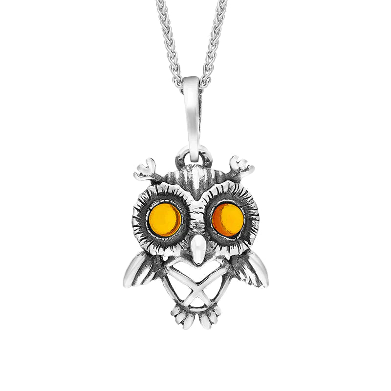 Sterling Silver Amber Small Owl Necklace