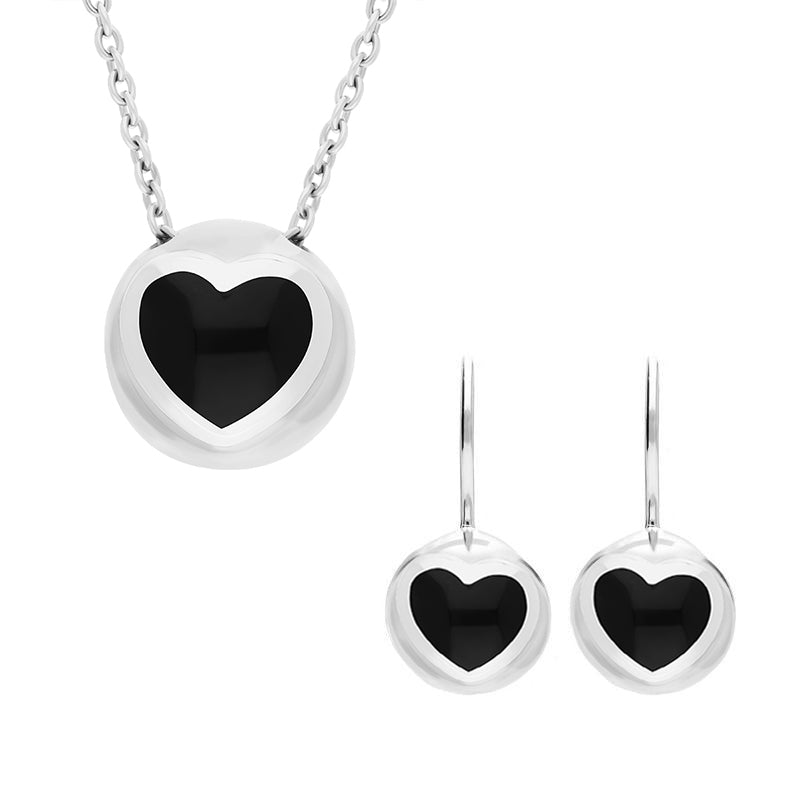 Sterling Silver Whitby Jet Heart Ball Two Piece Set